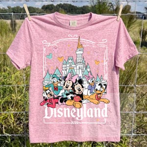 Peut inclure: Un t-shirt &agrave; manches courtes rose chin&eacute; avec une impression graphique repr&eacute;sentant un ch&acirc;teau et des personnages Disney dont Mickey, Minnie, Donald, Daisy, Dingo et Pluto. Le texte Disneyland 2026 est imprim&eacute; sous les personnages.
