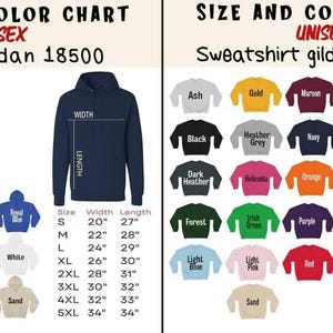 Peut inclure: Un tableau des tailles et des couleurs pour les sweats &agrave; capuche Gildan 18500 et les sweats Gildan 18000. Il pr&eacute;sente divers &eacute;chantillons de couleurs, un sweat &agrave; capuche bleu marine, un sweat beige et des tableaux de mesures en pouces.
