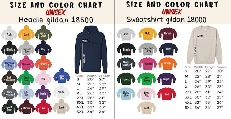 Peut inclure: Un tableau des tailles et des couleurs pour les sweats &agrave; capuche Gildan 18500 et les sweats Gildan 18000. Il pr&eacute;sente divers &eacute;chantillons de couleurs, un sweat &agrave; capuche bleu marine, un sweat beige et des tableaux de mesures en pouces.