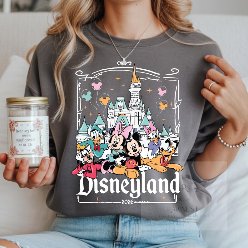 Peut inclure: Un sweat-shirt gris anthracite &agrave; col rond avec une impression graphique blanche repr&eacute;sentant un ch&acirc;teau, Mickey, Minnie, Donald, Daisy, Dingo et Pluto. Le texte indique Disneyland 2026, accompagn&eacute; de petites ic&ocirc;nes d'&eacute;toiles et de ballons.