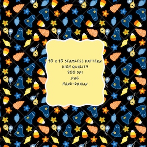 Summerween, ghosts, seashells, candy, floral, flowers, Holloween, bags, seamless pattern, digital file repeat pattern, png