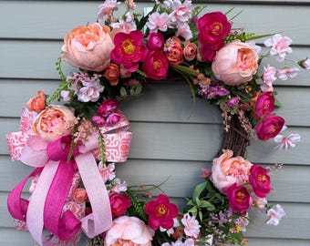 Pink and Coral Spring Peony Wreath with Bow, Summer Front Door Floral Decor