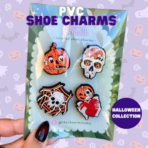 Juego de 4 adornos para zapatos de Halloween: adorables adornos para zuecos, calabazas y calaveras, adornos para zuecos de Halloween y sets de adornos de Halloween seleccionados.