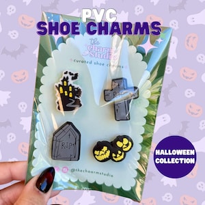 Juego de 4 adornos para zapatos de Halloween: adorables adornos para zuecos, lápidas, calabazas, casas embrujadas, adornos para zuecos de Halloween y accesorios para zuecos.
