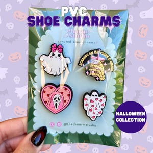 Juego de 4 adornos para zapatos de Halloween: adorables adornos para zuecos / Fantasmas rosas, esqueletos, caras fantasmales / Adornos para zuecos de Halloween / Adornos para zapatos femeninos