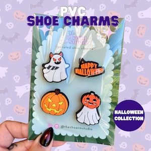 Juego de 4 adornos para zapatos de Halloween: adorables adornos para zuecos, calabazas, fantasmas y Halloween. Adornos para zuecos de Halloween. Accesorios para zuecos.