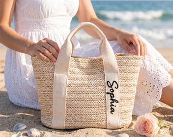 Personalized Beach Tote Bag, Custom Embroidered Name Tote,Bridesmaid Gift Basket Bag, Bachelorette Beach Tote,Summer Wicker Bag,Gift for Her