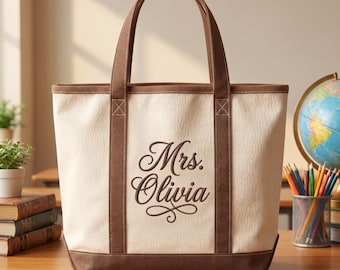 Personalized Embroidered Teacher Tote Bag, Custom Name Embroidery Bag, Mrs Teacher Gift, Back to School Teacher Appreciation Tote