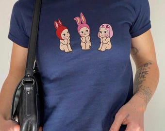 Cute Bunny Baby Tee Embroidered Shirt, Coquette Aesthetic Top, Kawaii Doll Style Crop Tee, Angel Inspired Outfit, Y2K Girly Fashion