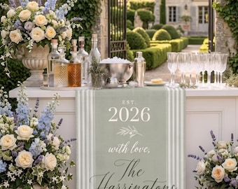 Personalized Wedding Bar Banner | Sage Green Linen Bar Sign | Custom Name Date Cocktail Hour Reception Decor