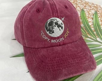 Embroidered Copy Moon Joy Quote Baseball Cap, Lunar Hat, Minimal Space Hat, Gift For Women, Trend Inspired Night Sky Fashion Statement