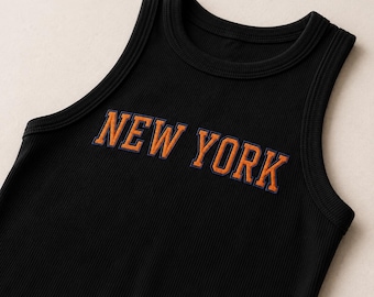 Broderat New York-linne, ribbat kort linne, baskettröja från NYC, svart sommarlinne, matchdagsoutfit