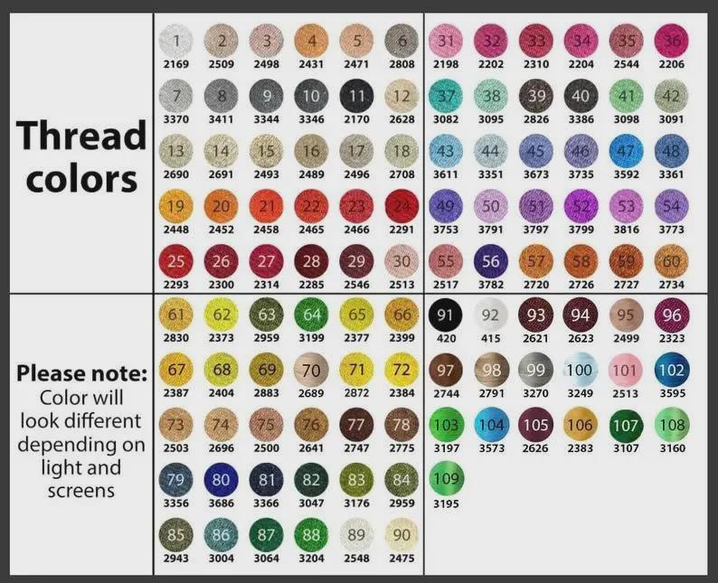 May include: A color chart for embroidery thread, featuring a grid of numbered color swatches. The chart includes a range of hues, from light neutrals to vibrant shades, with the text "Thread colors" and a note about color variation.