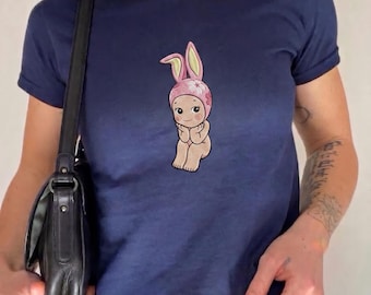 Cute Bunny Baby Tee Embroidered Shirt, Coquette Aesthetic Top, Kawaii Doll Style Crop Tee, Angel Inspired Outfit, Y2K Girly Fashion