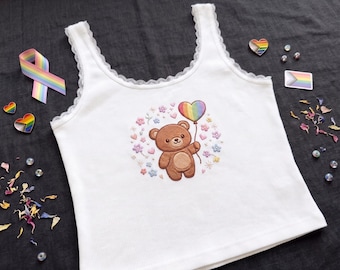 Broderat Pride-linne med nallebjörn, HBTQ-linne med regnbågshjärta och ballonger, sött Pride-månadslinne med spetskant för babyn