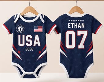 Custom USA 2026 Baby Suit, Personalized Kids Navy Soccer Jersey, America Football Uniform Kit, Soccer Baby Boy Gift, Newborn Outfit
