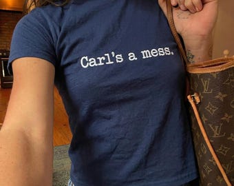 Carl's A Mess Embroidered Baby Tee, Ribbed Crop Top, Minimalist TV Series Shirt