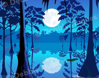 Swamp illustration, SVG, ai, png, pdf, eps, jpg, Download, Digital image, clipart, vector, marsh, full moon, cypresstrees, nightlandscape