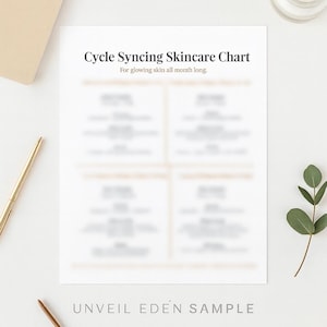 May include: A white paper titled "Cycle Syncing Skincare Chart" with the tagline "For glowing skin all month long." The chart is divided into four sections with blurred text. The words "Unveil Eden Sample" are at the bottom.