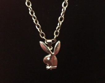 Vintage-Retro Silver Alloy Playboy Style Bunny Rabbit Pendant Charm Necklace Chain. Necklace length: 18” inches.
