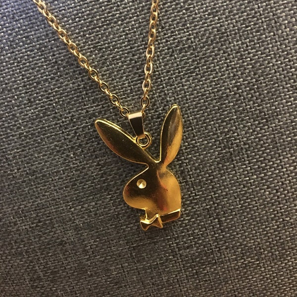 Vintage-Retro Style Gold Tone Playboy Bunny Rabbit Pendant Charm Jewelry Chain