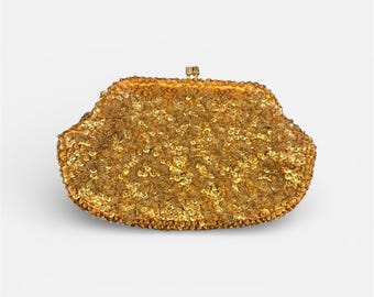 1950s Vintage Gold Beaded Evening Bag | Sequin Clutch with Snake Chain | Hong Kong | Free S/H