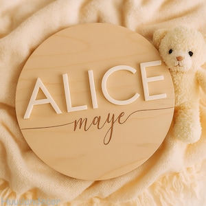 Personalized 3D baby name disc, Wooden Baby disc, baby announcement disc, wooden birth announcements, newborn photo disc