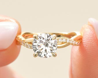 Twisted 14k Solid Gold Moissanite Engagement Ring - IGI Certified