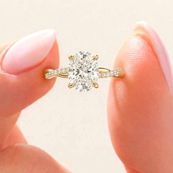Oval Moissanite Engagement Ring, Twisted Pave Band, Lab Diamond Option (IGI Certified)