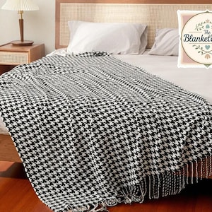 Houndstooth Throw Blanket | Soft Knit Sofa Cover | Cozy Bedspread with Tassels | Decorative Living Room Accent | Modern Couch Decor