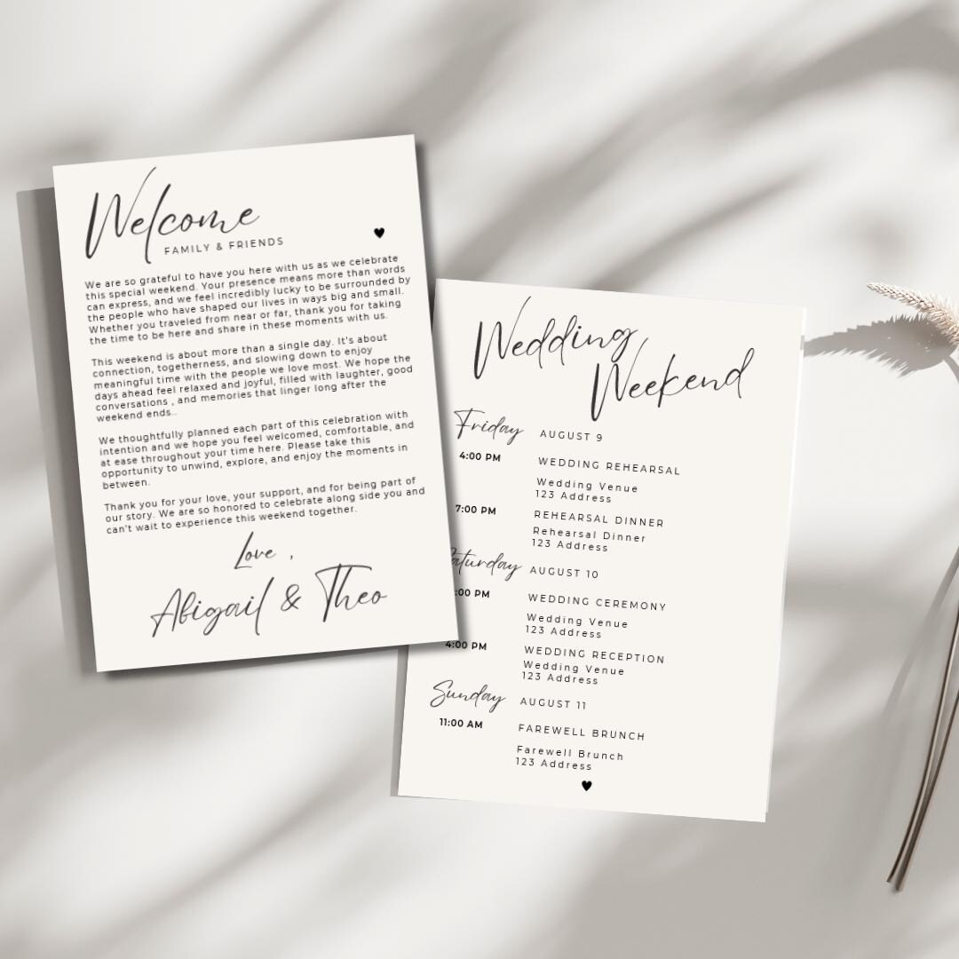 Order Time Weekend Wedding Weekend Schedule Template, Minimalist Order of Events, Editable ...