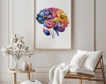 May include: A framed wall art print featuring a watercolor illustration of a human brain composed of vibrant, multi-colored flowers in shades of blue, purple, pink, orange, and yellow, with green leaves and stems at the base of the floral arrangement.