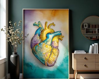 Human Heart Art, Anatomical Heart, Anatomical Heart Art, Science Art, Medical Heart Poster, Cardiology Poster, Heart Print
