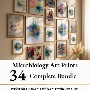Lot de 34 oeuvres d'art sur la microbiologie, art sur les virus, art scientifique, art médical, art sur les bactéries, cadeau biologiste, art mural de laboratoire, art sur les bactéries, microbe