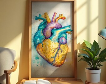 Arte mural de corazón humano, arte anatómico del corazón, arte mural clínico, arte mural médico, impresión de corazón, póster de corazón, póster de cardiología, regalo de cardiología