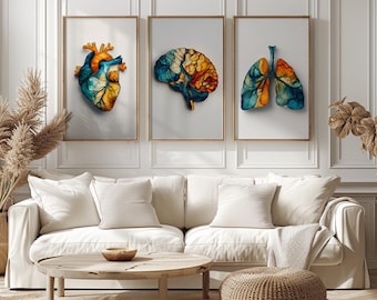 Anatomy Art For An Office, Medical Art Set of 3, Brain Abstract Art, Human Heart Art & Lungs Art, Brain Art Digital Print, Clinic Art Set