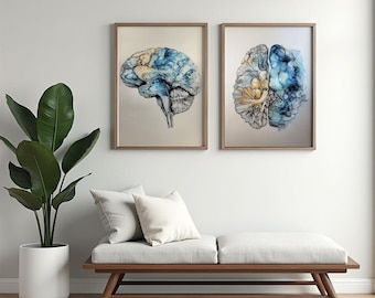 Brain Anatomy Art Set of 2, Abstract Medical Wall Decor, Brain Poster, Psychology Gift, Creative Brain Art, Therapist Office Art