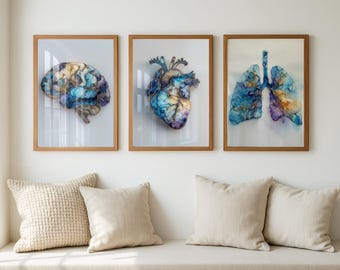 Medical Art Set of 3 | Abstract Brain, Heart & Lungs Prints | Medical Wall Art | Medical Office Decor | Medical Student Gift