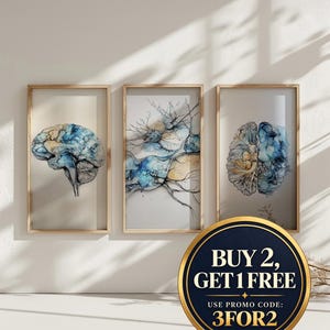 Psychology & Neurons Art Set of 3, Brain Wall Art, Abstract Medical Anatomy Art, Psychology Office Decor, Calming Nervous System Art