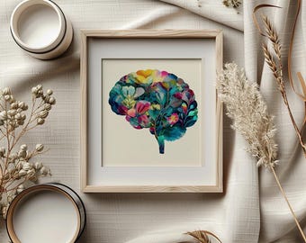 Watercolor Brain Anatomy Art Print: Psychology Student Gift, Medical Student Gift, Therapist Office Art, Brain Poster, Brain Abstract Art