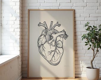 Menschliches Herz Kunst, Anatomisches Herz Dekor, Kardiologie Klinik Druck, Herz Line Art, Herz Poster, Kardiologen Geschenk, Kardiologie Kunst