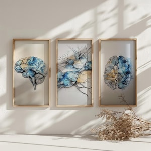 Psychology & Neurons Art Set of 3, Brain Wall Art, Abstract Medical Anatomy Art, Psychology Office Decor, Calming Nervous System Art