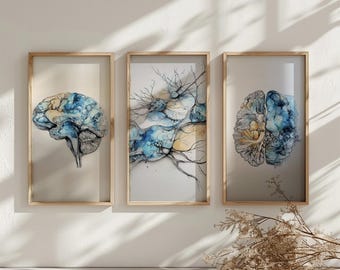 Psychology & Neurons Art Set of 3, Brain Wall Art, Abstract Medical Anatomy Art, Psychology Office Decor, Calming Nervous System Art