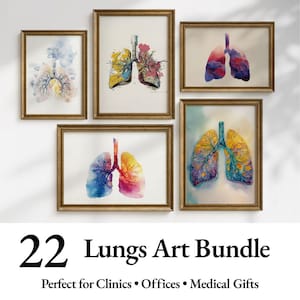 Könnte beinhalten: Fünf gerahmte Aquarelldrucke mit stilisierten Darstellungen von Lungen. Die Kunstwerke verwenden Blau-, Gelb- und Rottöne. Der Text "22 Lungs Art Bundle" wird darunter angezeigt. Die Drucke befinden sich in goldfarbenen Rahmen.