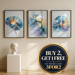 Juego de 3 láminas de arte para consultorio de terapeuta, arte psicológico, arte de sinapsis, lámina de arte psicológico, arte mural del cerebro humano, arte de neuronas, decoración para consultorio médico.