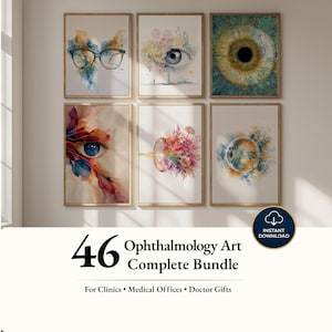 May include: A set of six framed wall art prints featuring watercolor illustrations of human eyes and optical themes. The collection includes abstract depictions of eyes, glasses, and anatomical structures in vibrant blue, gold, and floral tones.
