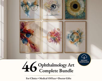 May include: A set of six framed wall art prints featuring watercolor illustrations of human eyes and optical themes. The collection includes abstract depictions of eyes, glasses, and anatomical structures in vibrant blue, gold, and floral tones.