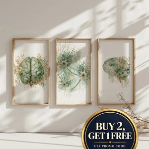Conjunto de 3 láminas decorativas para la pared de un consultorio de terapia, arte mural de psicología, nervio vago, arte mural de neurociencia, arte médico, decoración cerebral, arte cerebral, arte anatómico