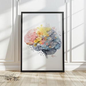 Póster de anatomía cerebral: Póster médico, arte psicológico, arte cerebral, regalo de psicología, arte neurológico, decoración de pared para consultorio de terapeuta.