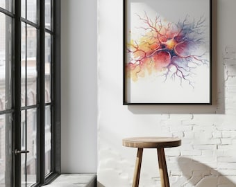 May include: A framed wall art print featuring a watercolor illustration of a neuron with branching dendrites. The artwork displays a vibrant color palette of yellow, orange, red, and purple hues, set against a clean white background.